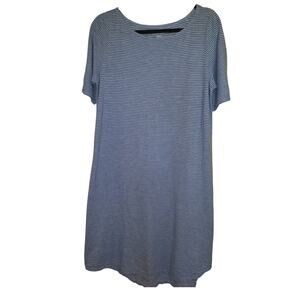 Eileen Fisher Salt Lake Dress Med Hemp Blend Blue White Striped Short Sleeve